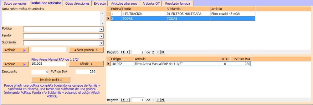 Clientes - Tarifas por artículos